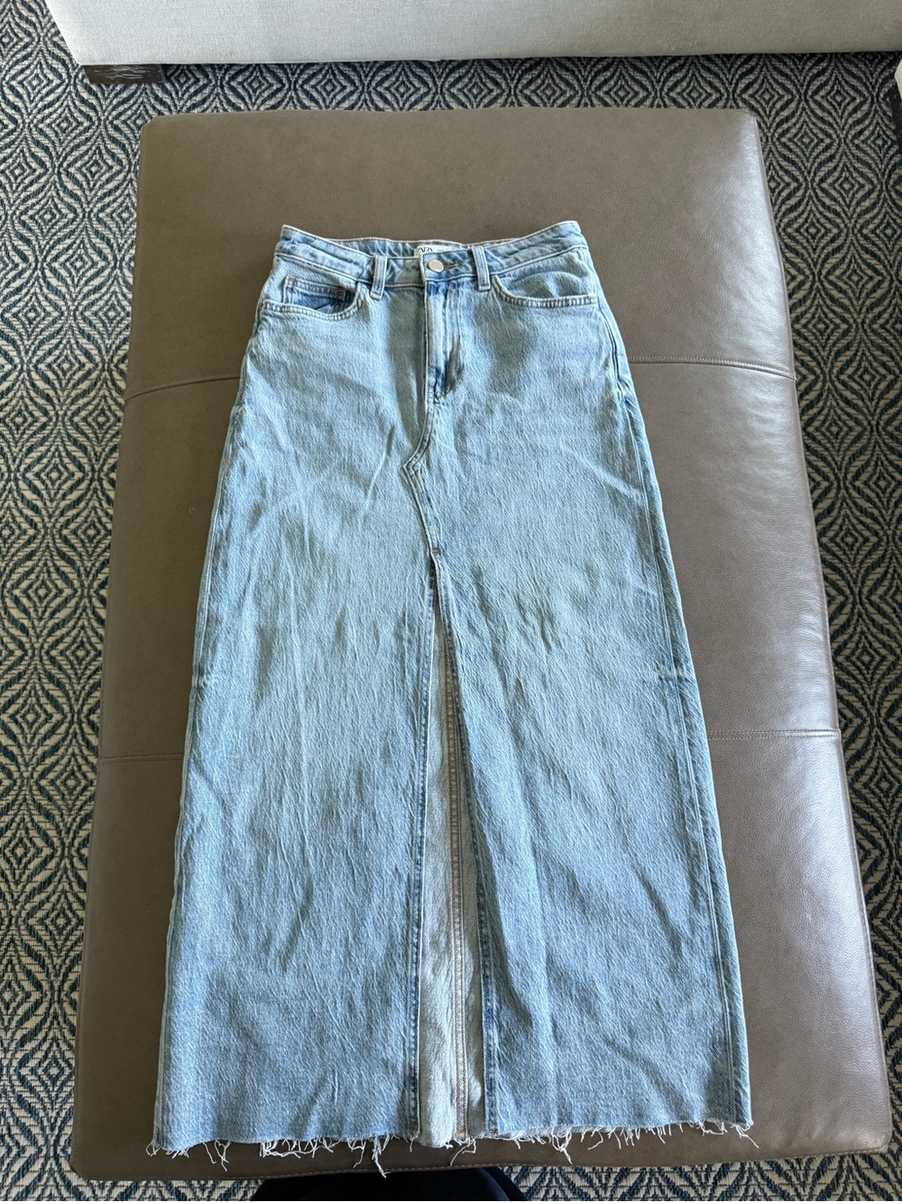 Zara Light Blue Denim Maxi Skirt with Front Slit